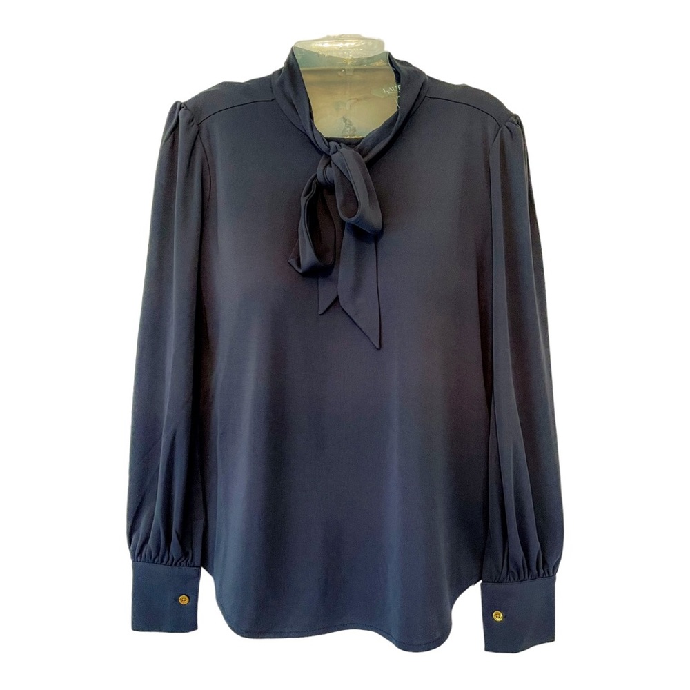 LAUREN Ralph Lauren Black Neck Tie Accented Blouse size: Petite XS